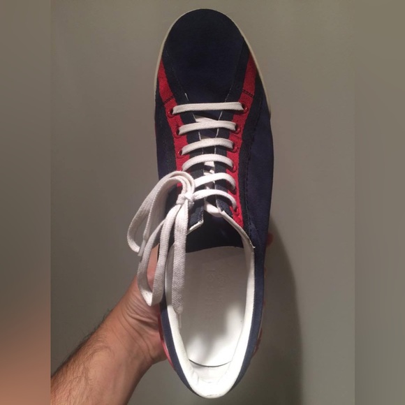 Gucci Blue Suede Script Logo Lace Up Low Sneakers Shoes size 8.5 - Picture 3 of 16